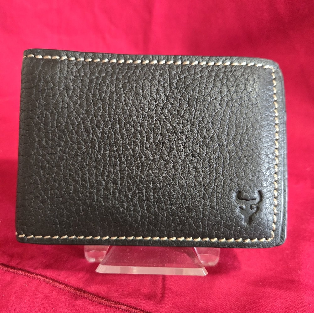 Trask Black Leather Money Clip with Contrast Stitching and Bull Logo